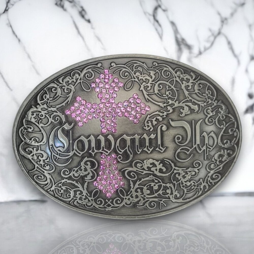 Vintage Silver Metal Pink Rhinestone Cross Western Cowgirl Belt Buckle